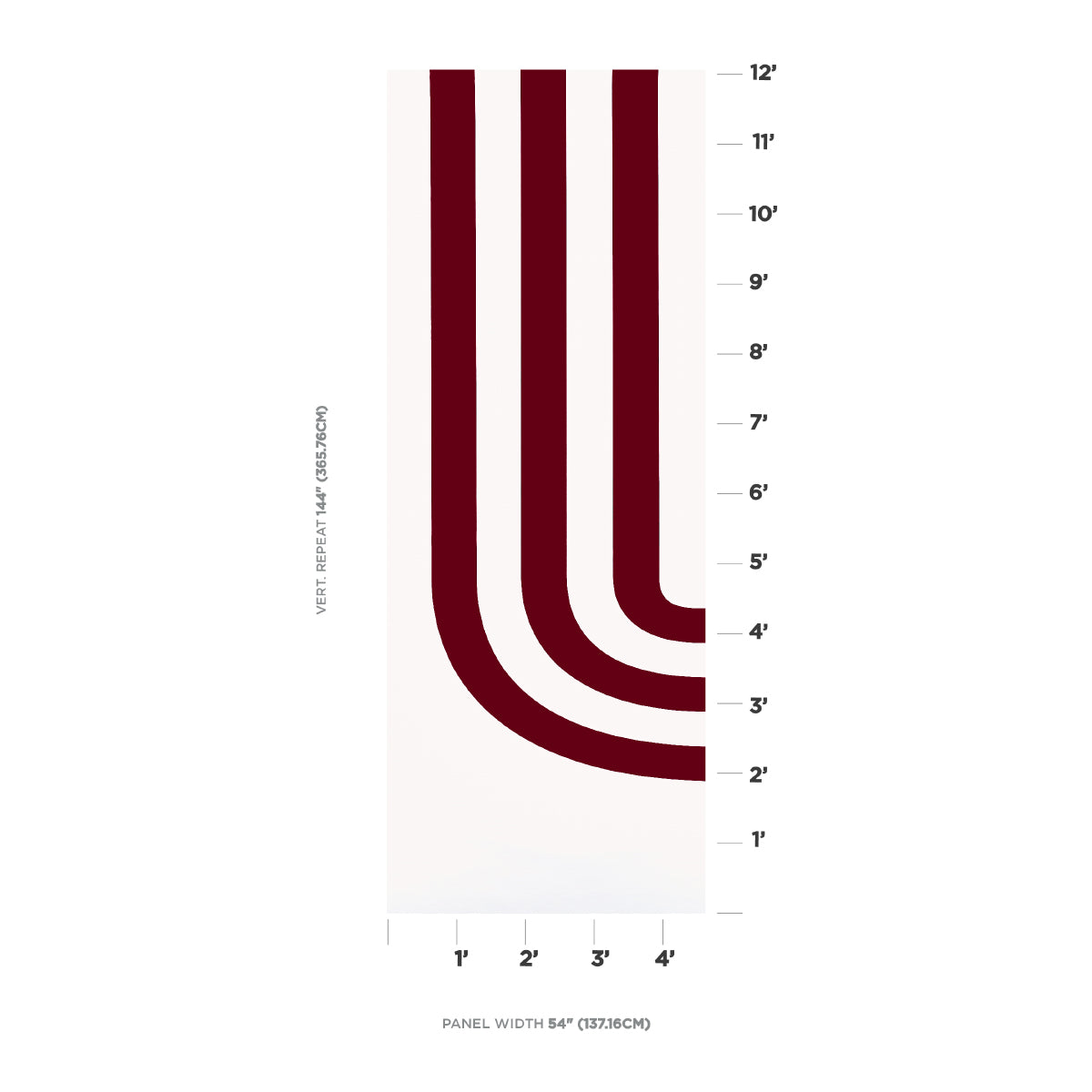 Vertical wall panel with thick burgundy curved stripes on white, 54-inch wide mural featuring measurement marks along the sides.