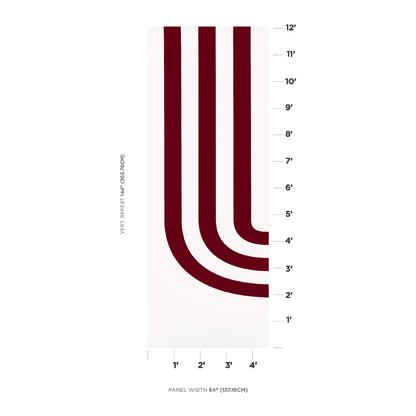Vertical wall panel with thick burgundy curved stripes on white, 54-inch wide mural featuring measurement marks along the sides.