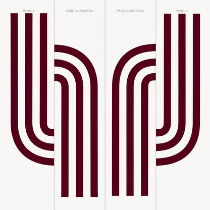 Panel A geometric wall art with maroon curved arches on white background, retro-modern design.