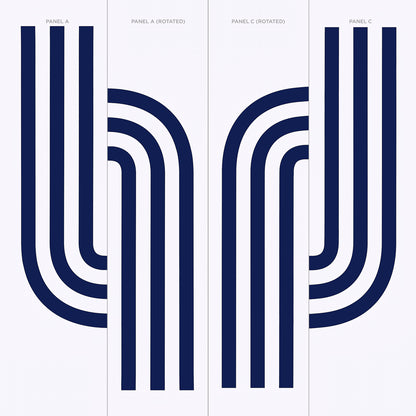 Three-panel triptych with navy curved stripes forming large U-shaped arches on a white background.