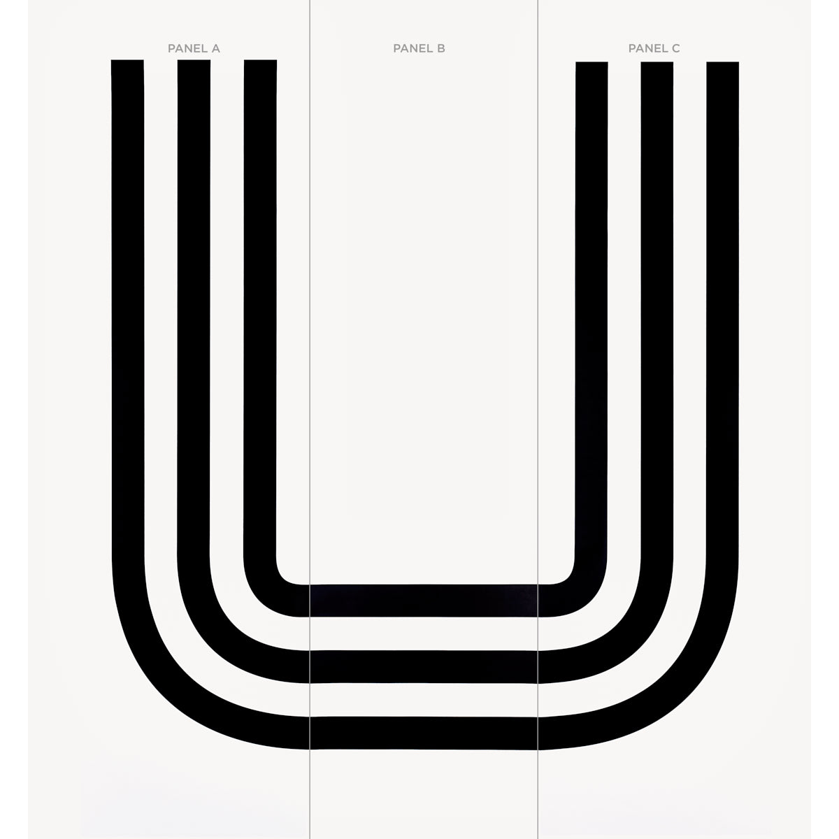 Three-panel wall art: bold black U-shaped lines across white panels A–C, minimalist geometric design.