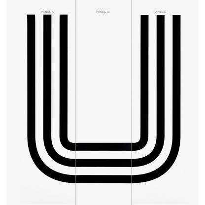 Three-panel wall art: bold black U-shaped lines across white panels A–C, minimalist geometric design.