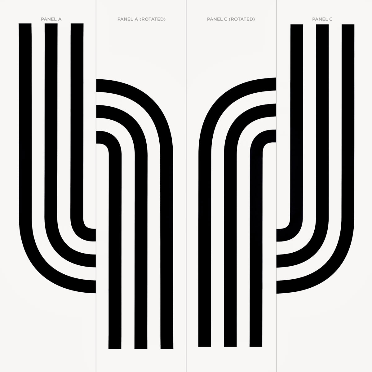 Three-panel abstract art print with bold black curved arches on white, geometric retro style.
