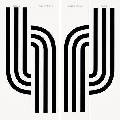 Three-panel abstract art print with bold black curved arches on white, geometric retro style.