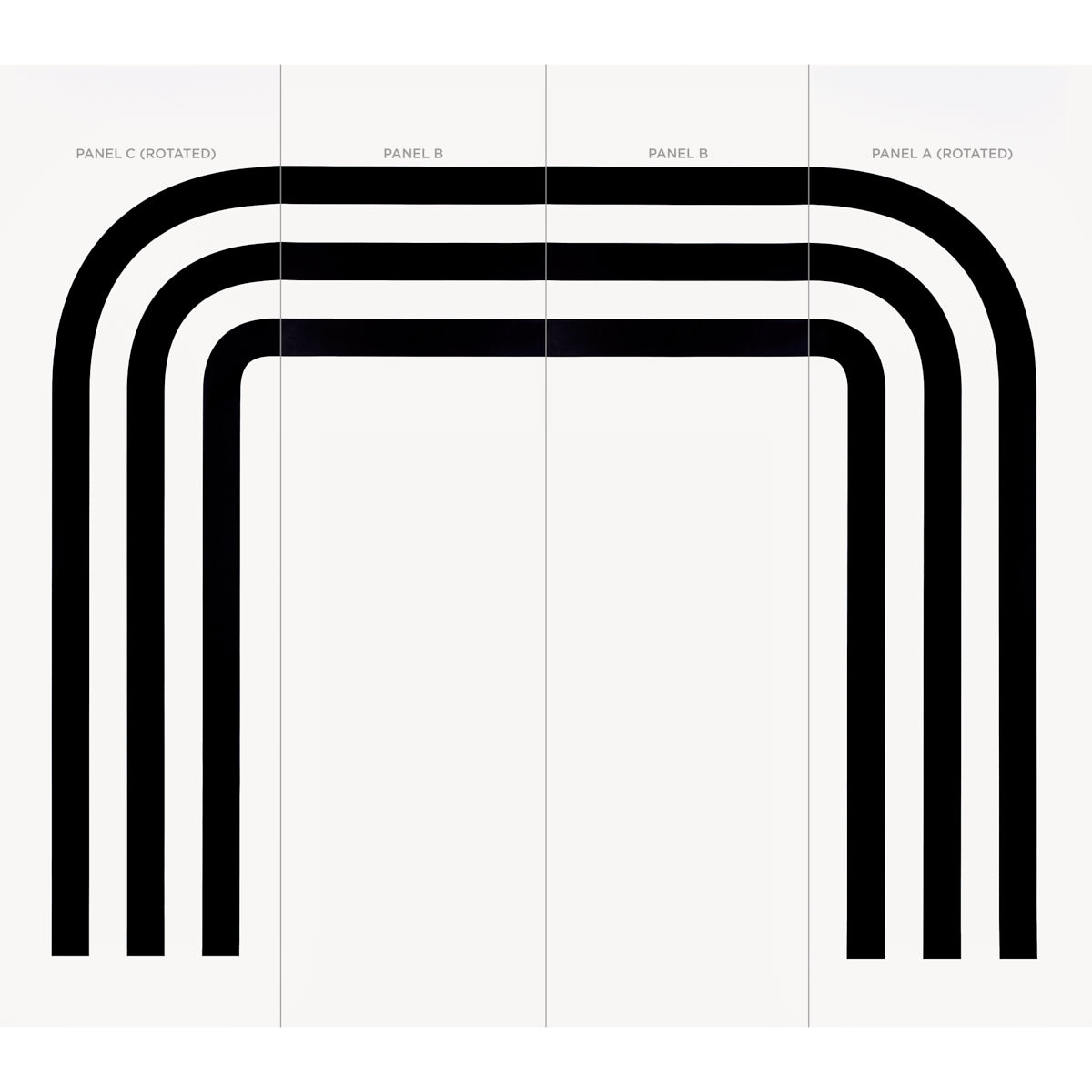 Four-panel abstract wall art: thick black nested arches forming a large U-shape across white panels, modern geometric print.