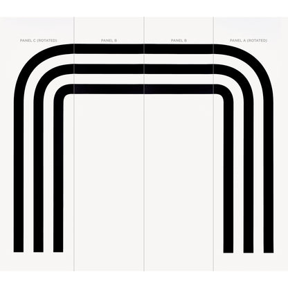 Four-panel abstract wall art: thick black nested arches forming a large U-shape across white panels, modern geometric print.