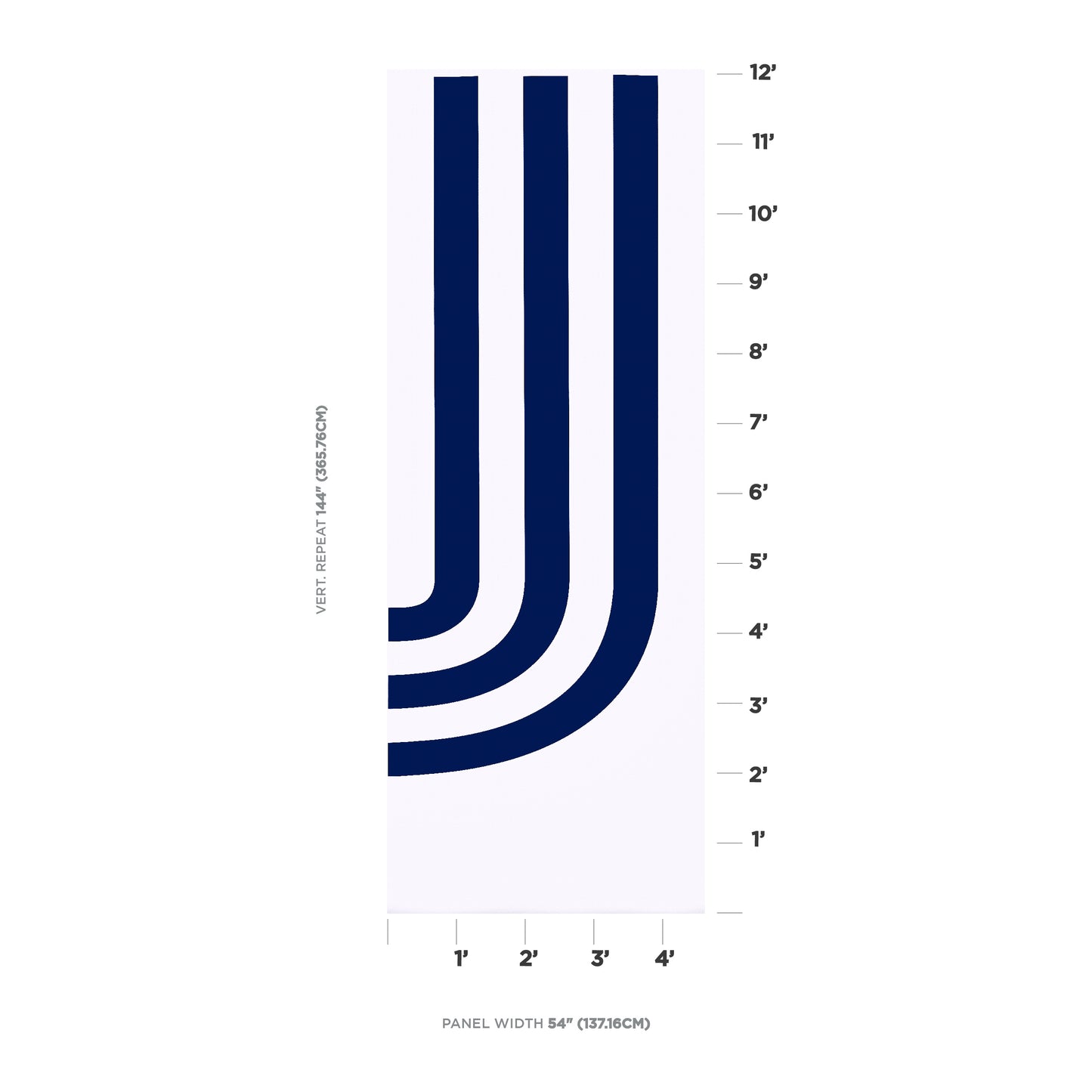 Vertical panel featuring three cobalt blue U-shaped curves on white, with ruler marks on the right and bottom.