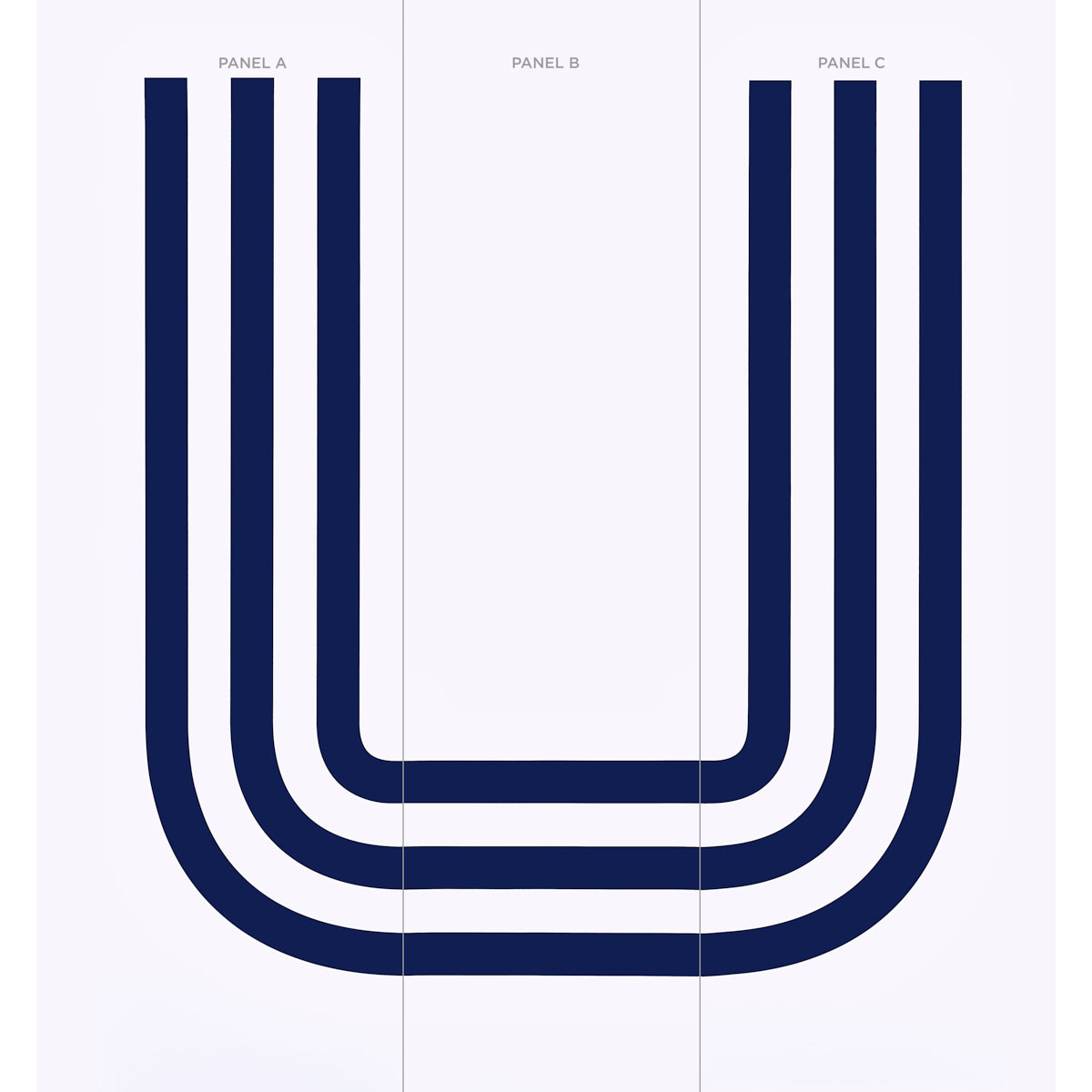 Geometric navy U-shaped lines forming four nested arches across a three-panel triptych; bold modern wall art.