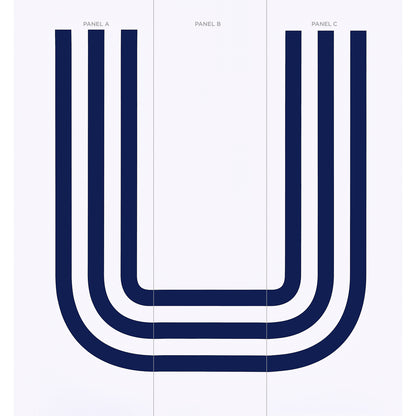 Geometric navy U-shaped lines forming four nested arches across a three-panel triptych; bold modern wall art.