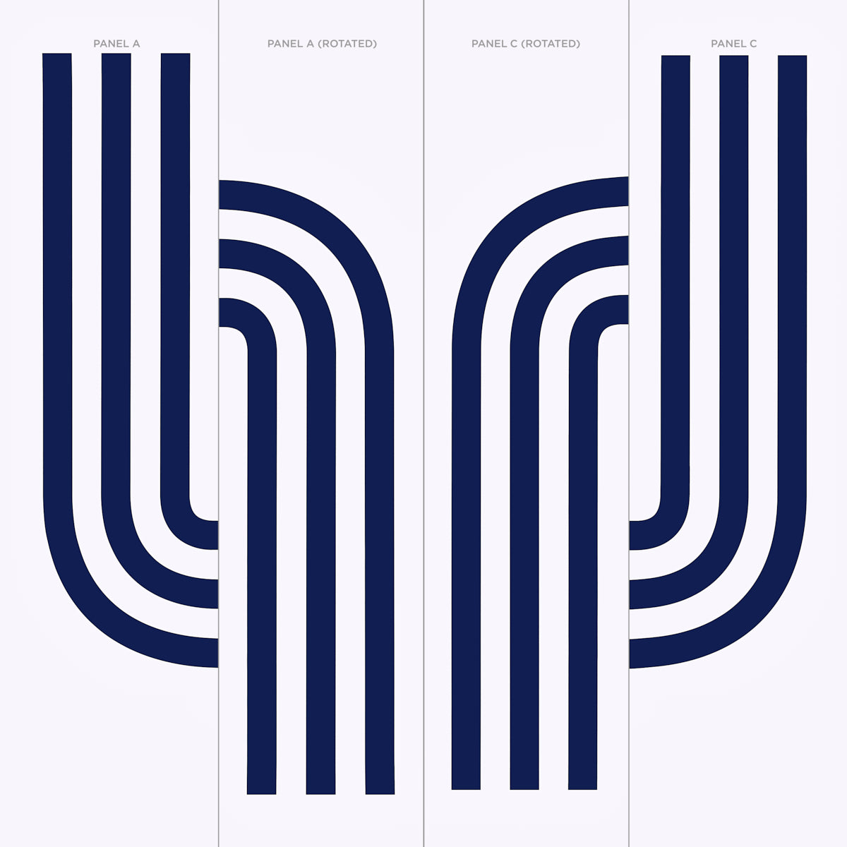 Abstract three-panel wall art featuring navy curved stripes on white background; minimalist geometric design.