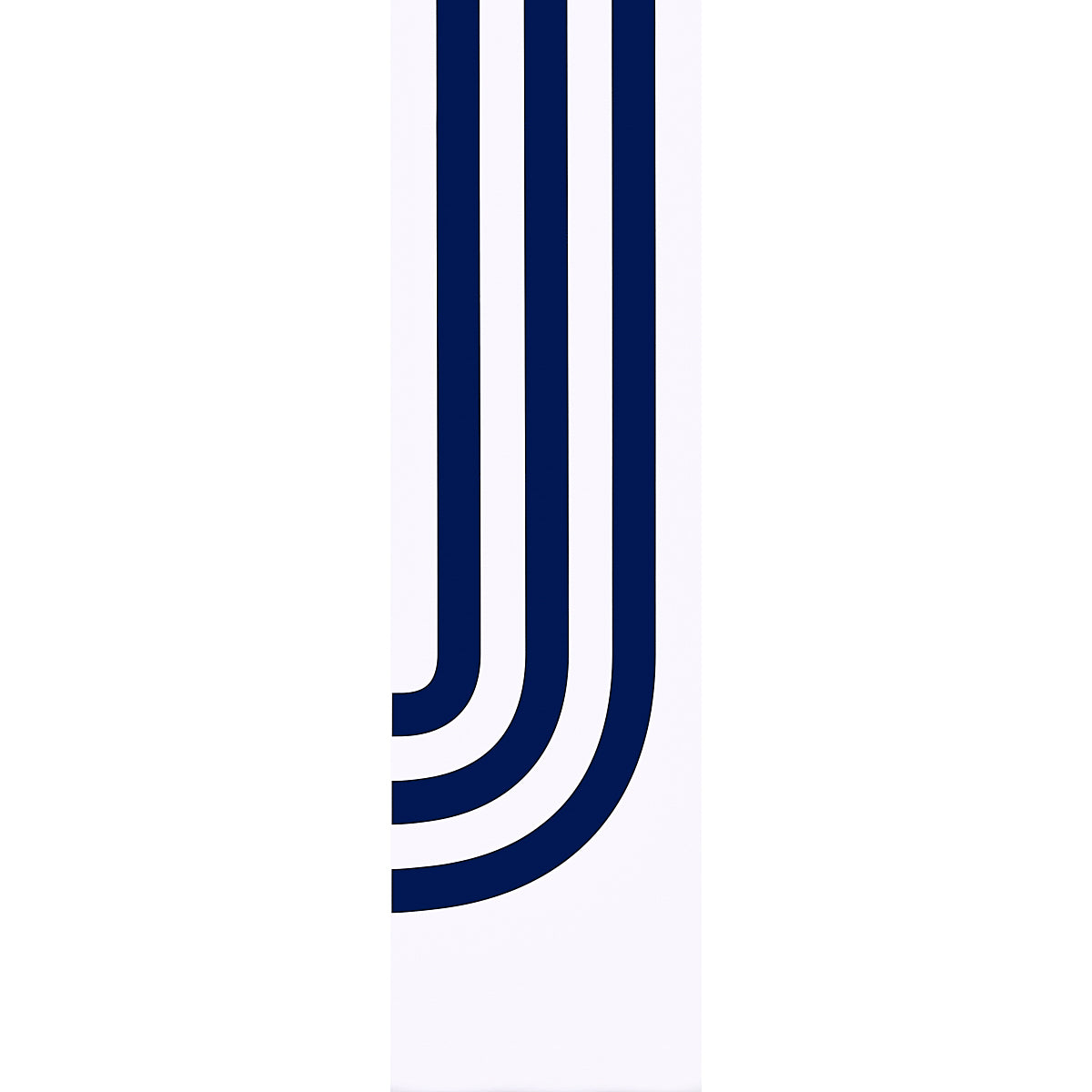 Graphic print featuring navy blue curved stripes forming a rounded corner motif.