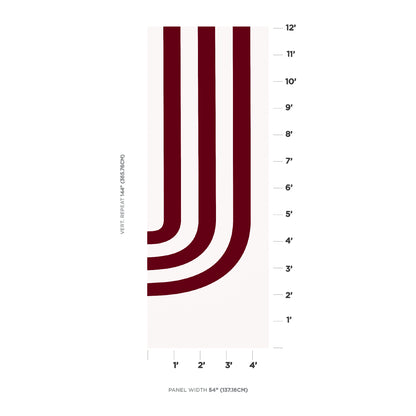 Geometric panel with three thick maroon U-shaped curves on a white background, framed by right and bottom measurement scales.