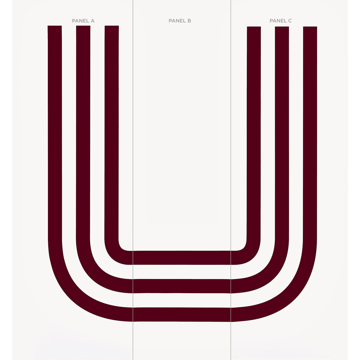 Minimalist triptych with burgundy U-shaped triple-line motif across Panels A-C.