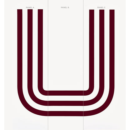 Minimalist triptych with burgundy U-shaped triple-line motif across Panels A-C.