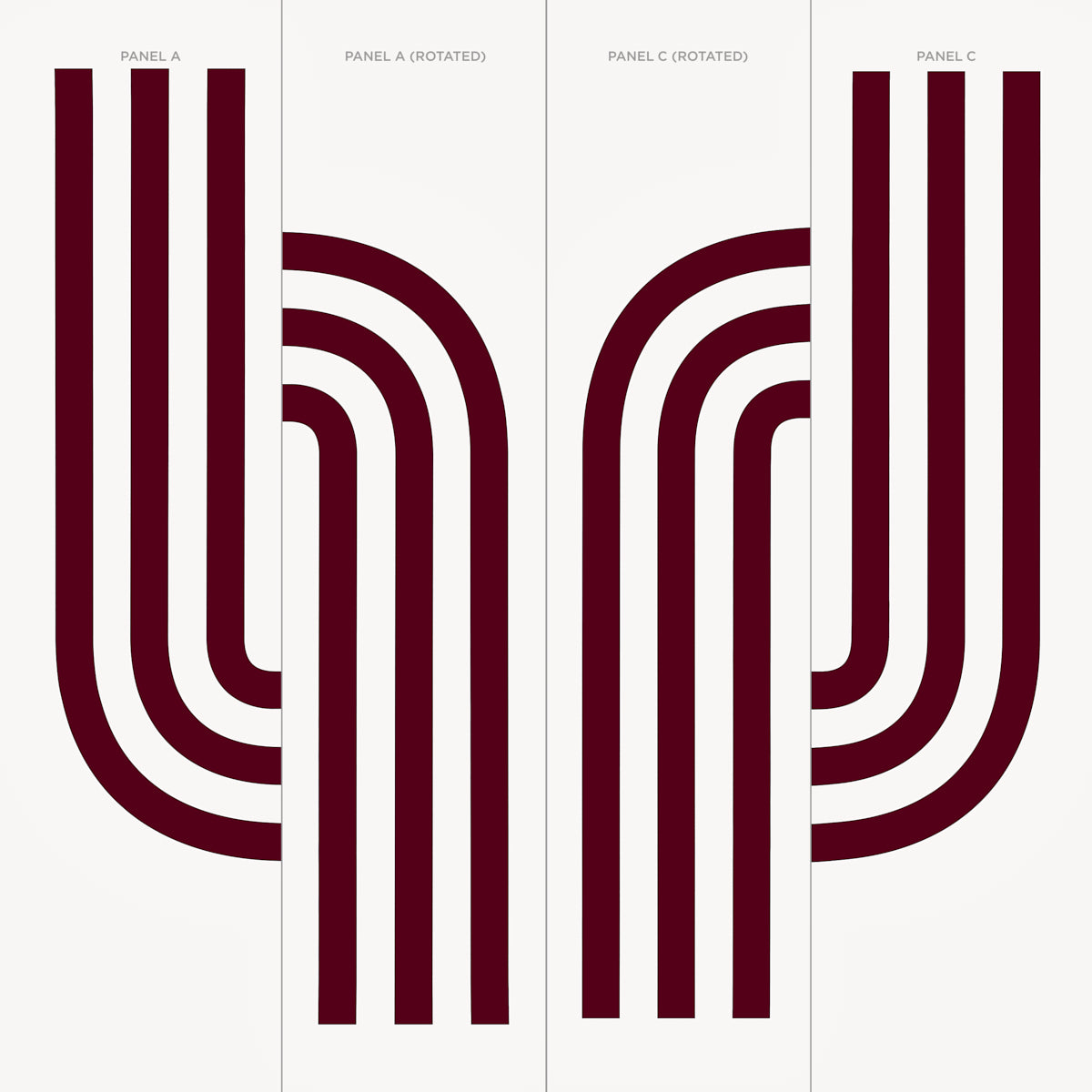 Three-panel geometric print with bold maroon curved lines forming U-shaped arches on white background.