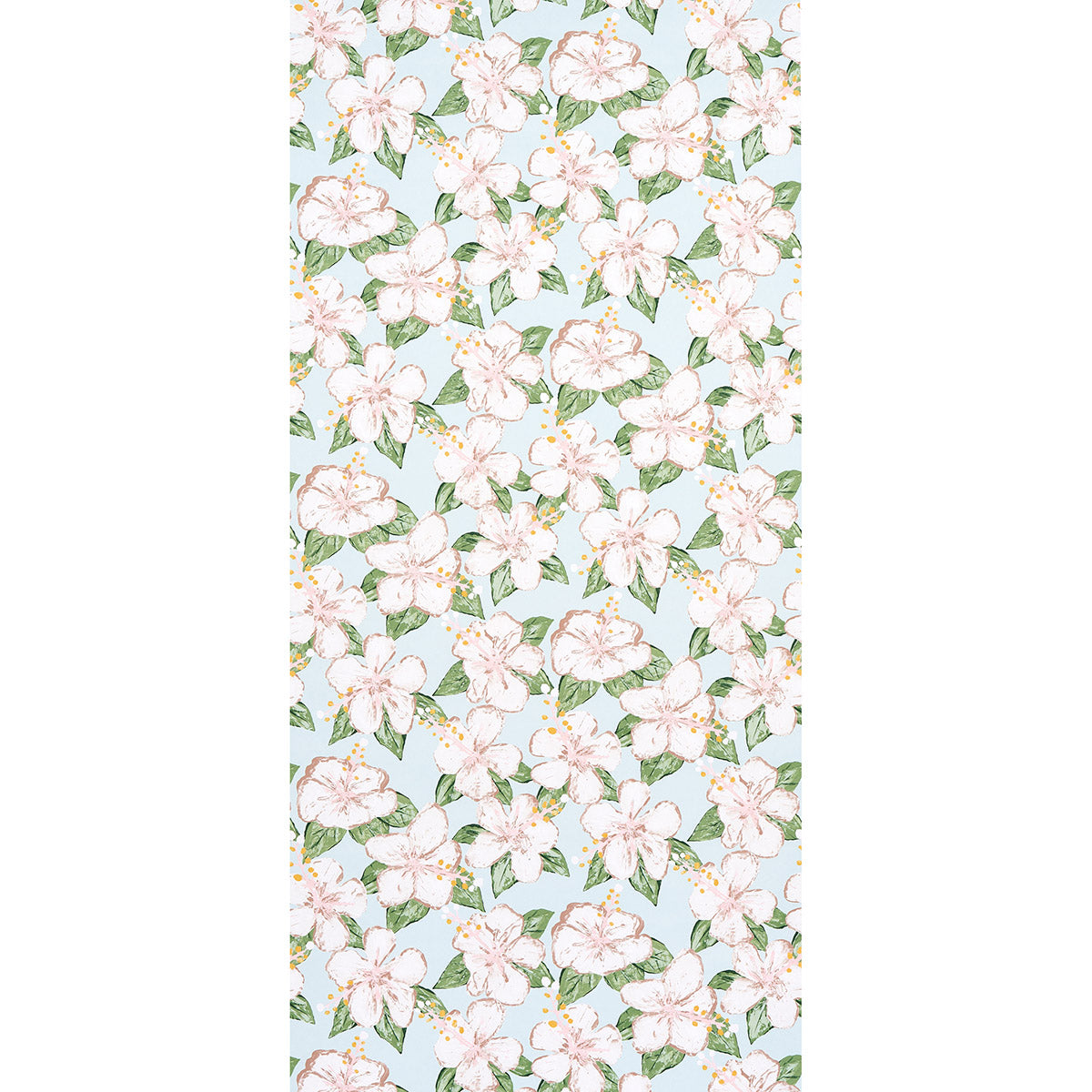 Soft blue floral pattern with pink-and-white blossoms and green leaves; repeating floral motif for textiles or wallpaper.