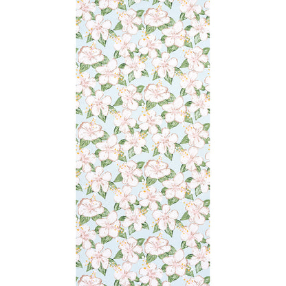 Soft blue floral pattern with pink-and-white blossoms and green leaves; repeating floral motif for textiles or wallpaper.
