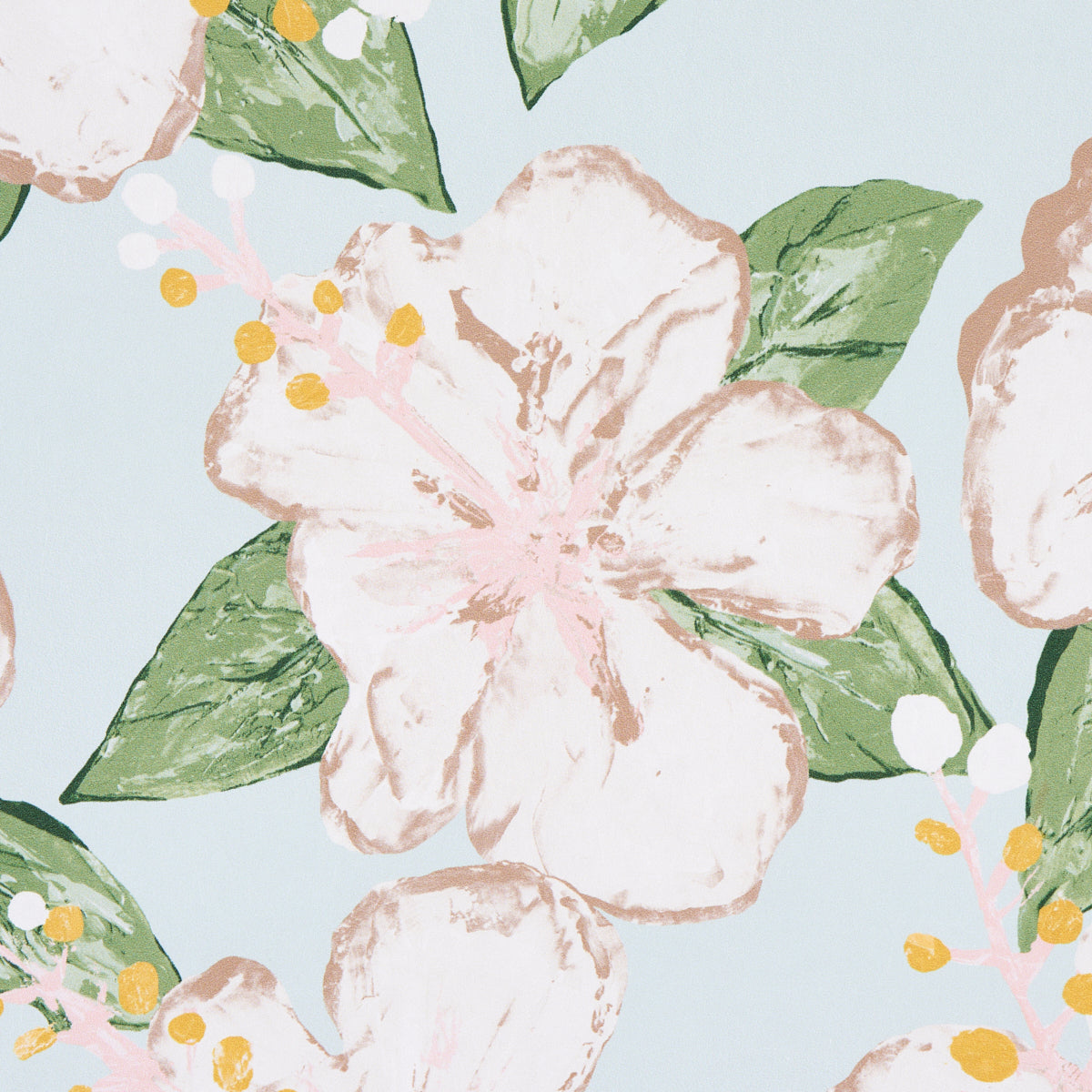 Soft blue floral print featuring large pale pink blossoms, green leaves and yellow accents.