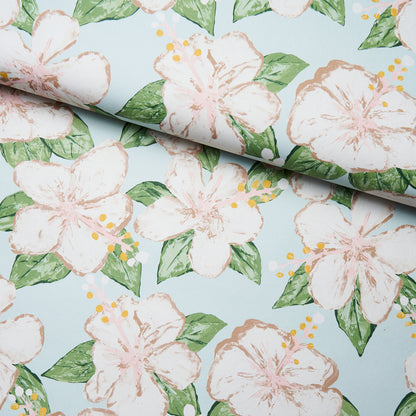 Soft blue floral pattern with pale pink hibiscus flowers and green leaves; rolled edge.