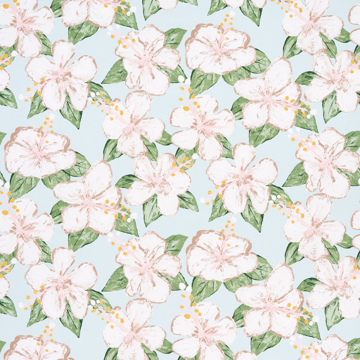 Pastel pink hibiscus blossoms with green leaves on a pale blue background; watercolor floral print.