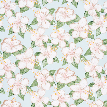 Pastel pink hibiscus blossoms with green leaves on a pale blue background; watercolor floral print.