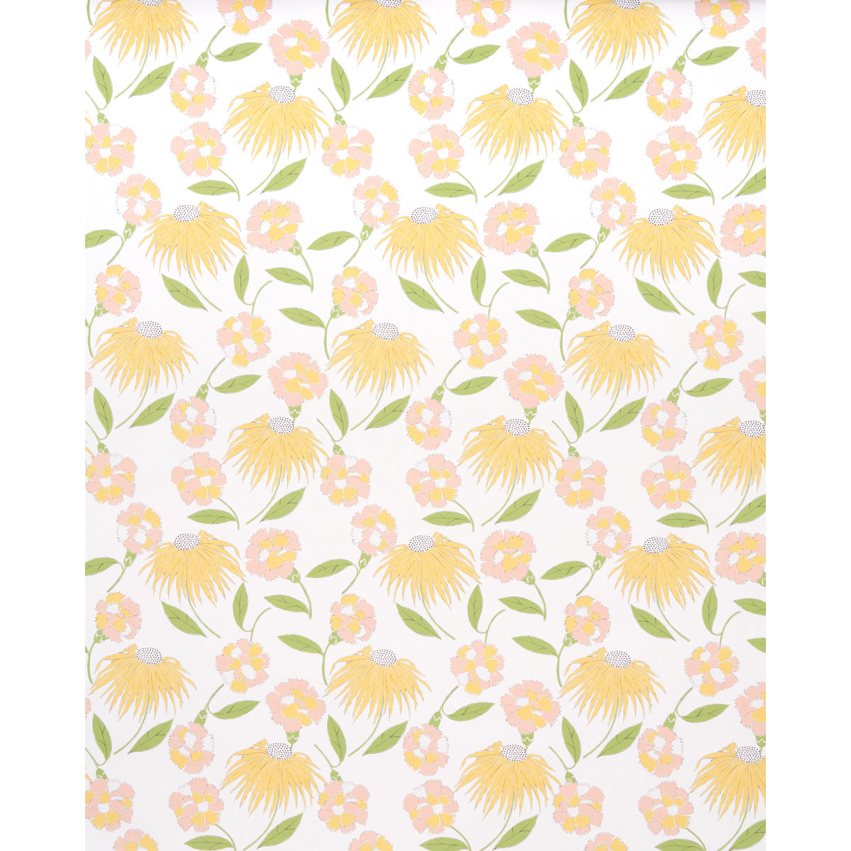 Repeating floral wallpaper pattern with yellow daisies, pink blossoms & green leaves on white background.