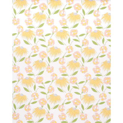 Repeating floral wallpaper pattern with yellow daisies, pink blossoms & green leaves on white background.