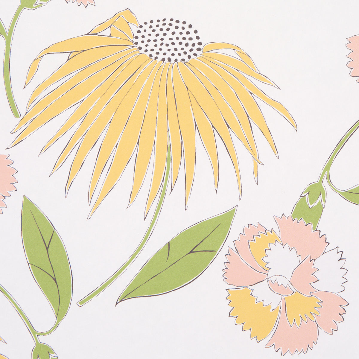 Floral print with a large yellow daisy, green leaves and stems, and pink peach blossoms on a pale background.