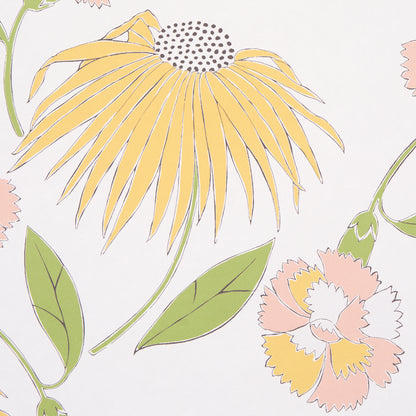 Floral print with a large yellow daisy, green leaves and stems, and pink peach blossoms on a pale background.
