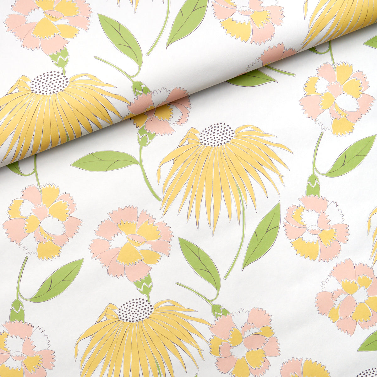 Fabric with a repeating floral print of yellow coneflowers, pink blossoms and green leaves.