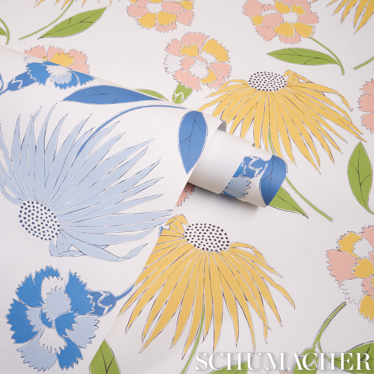 Rolled floral wallpaper with bold blue and yellow daisies, pink accents and green leaves.
