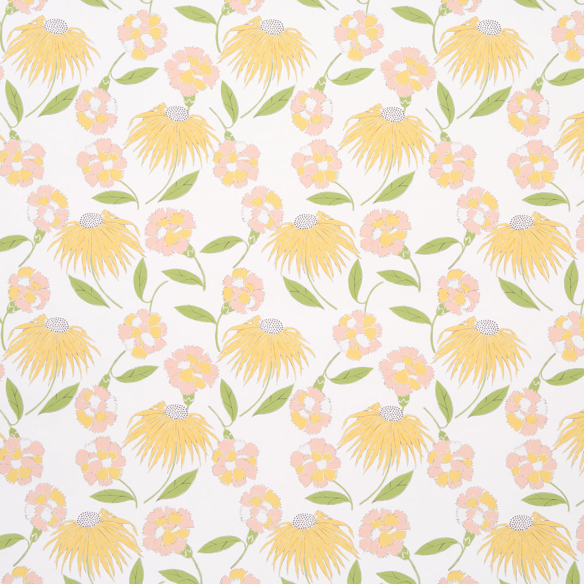 Pastel floral pattern with yellow daisies, pink blossoms and green leaves in a repeating textile print.