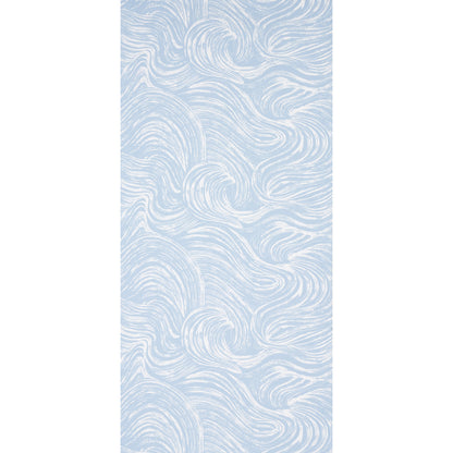 Blue and white wave-pattern wallpaper with swirling froth lines, vertical panel design.