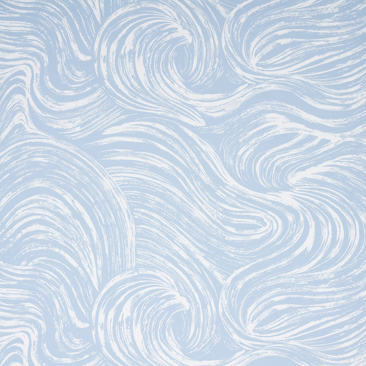 Light blue background with white swirling brushstroke pattern & abstract wave motif, wallpaper design.
