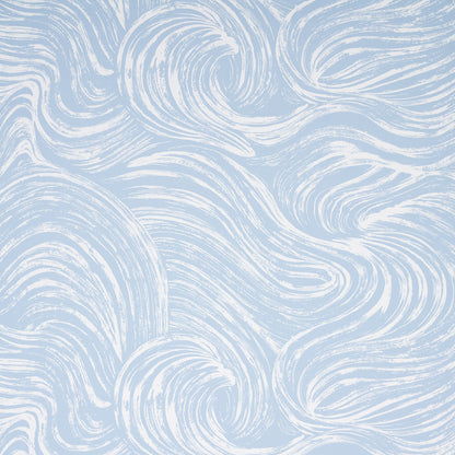 Light blue background with white swirling brushstroke pattern & abstract wave motif, wallpaper design.
