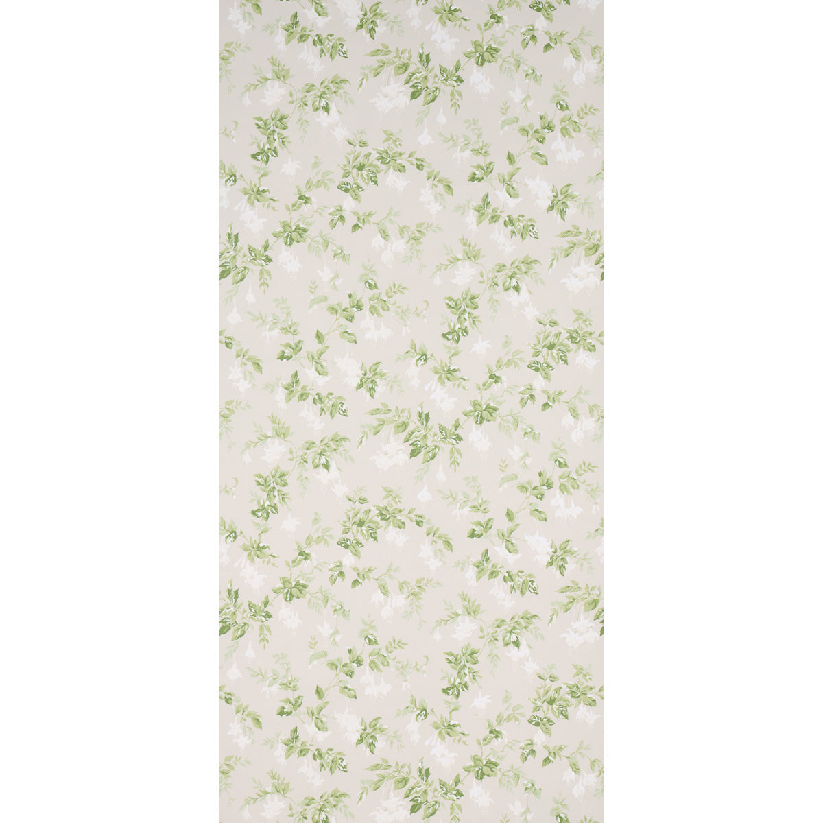 Beige background with delicate green leafy vine pattern; subtle botanical print.