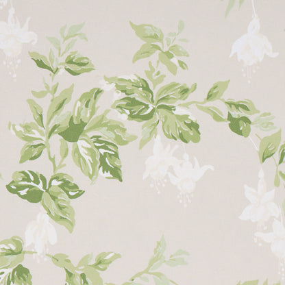 Beige wallpaper with green leafy vines and white flowers in a soft botanical print.