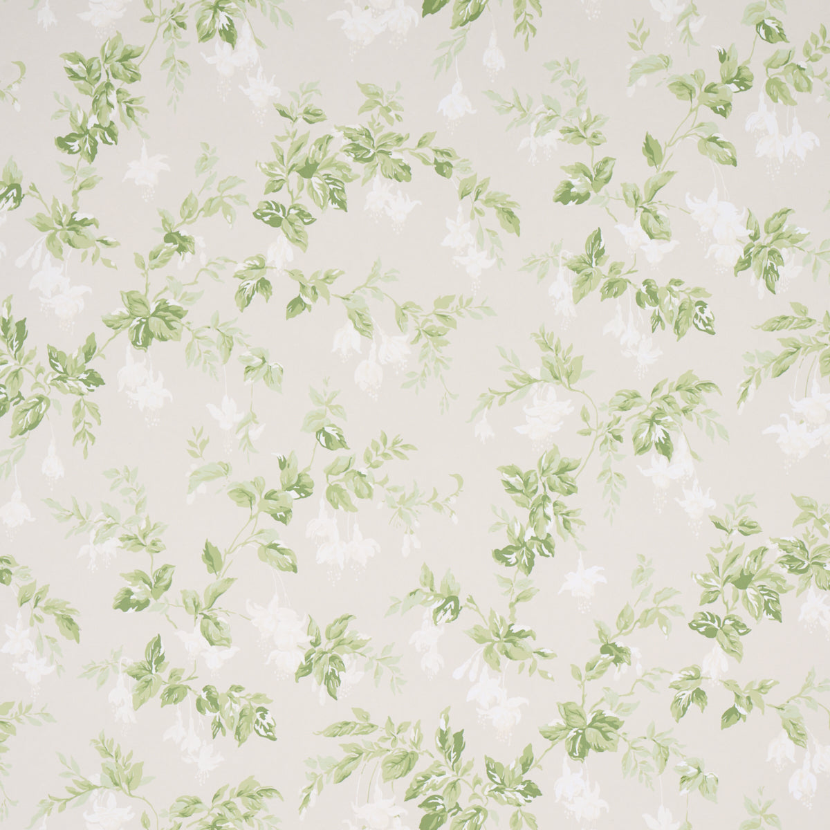 Soft beige background with watercolor green leaves & white flowers; delicate botanical wallpaper pattern.