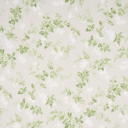 Soft beige background with watercolor green leaves & white flowers; delicate botanical wallpaper pattern.