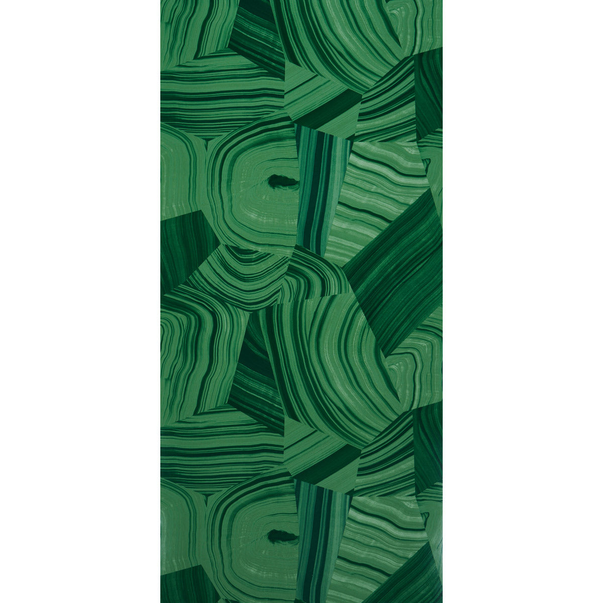Tall green wallpaper featuring agate-slice inspired bands in malachite green with geometric blocks