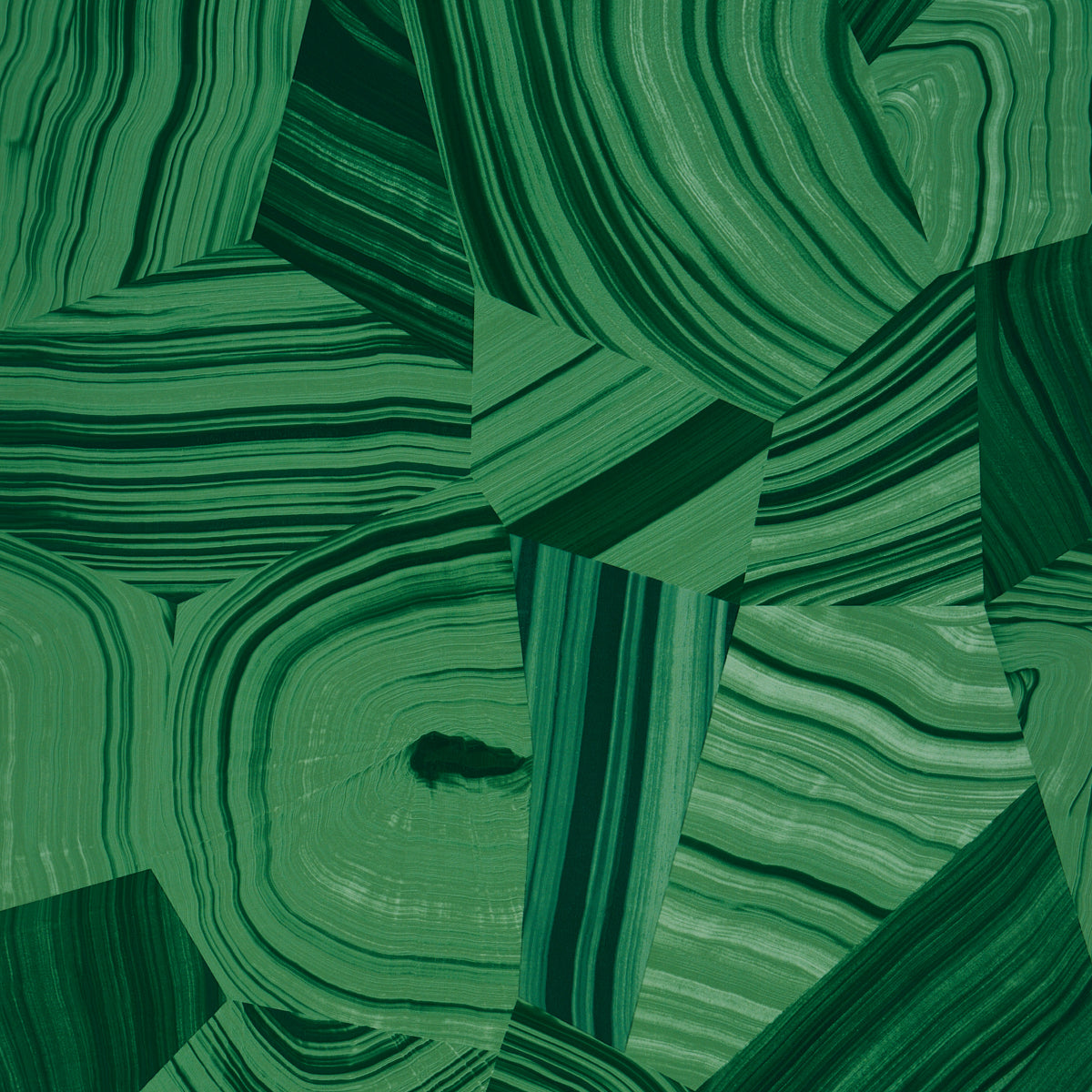 Green malachite-like agate slice pattern with layered curved bands & geometric mosaic tiles.