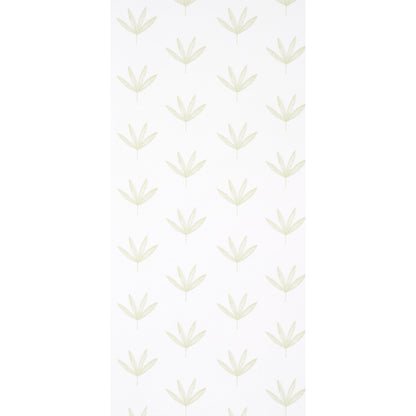 Repeating pale green leaf motif on white background; botanical pattern suitable for wallpaper or textiles.