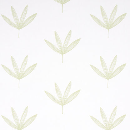 Repeating pale green palm-leaf pattern on white background; botanical wallpaper design.