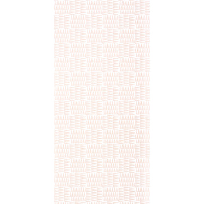Long pale pink woven rug runner with a soft geometric checkerboard block pattern and subtle texture.