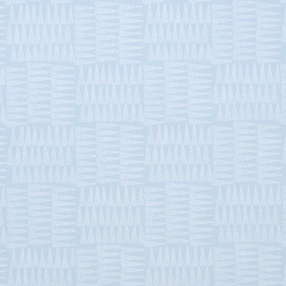 Light blue fabric with a repeating white geometric pattern of vertical bars creating square tile motifs; upholstery/drapery.