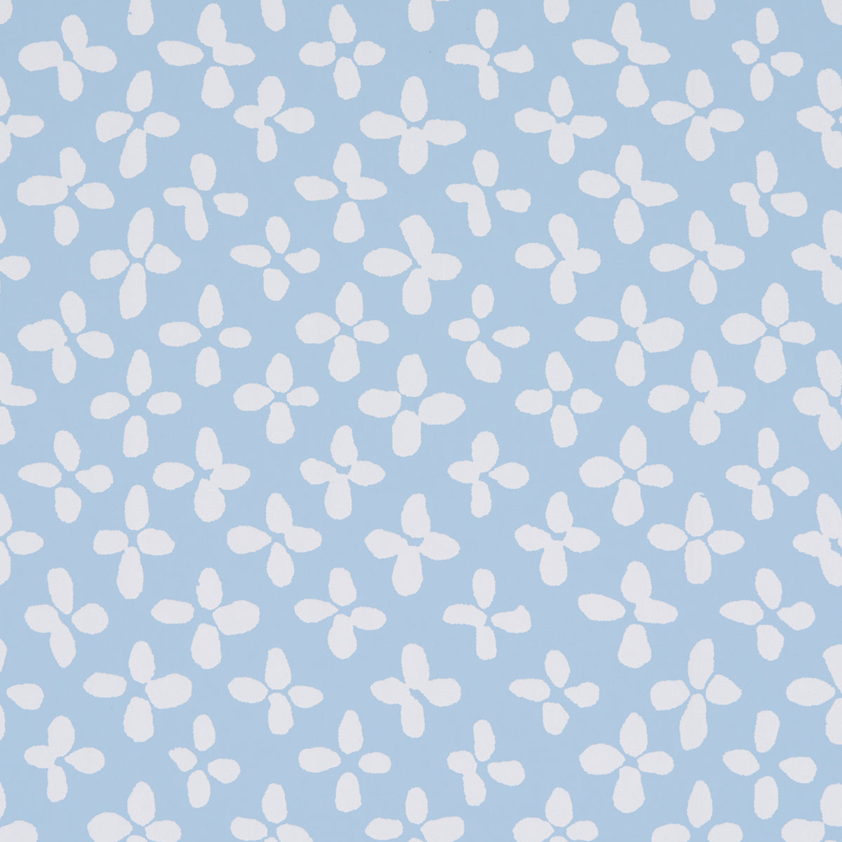 Light blue fabric with white four-petaled floral ditsy pattern, cheerful summer textile.