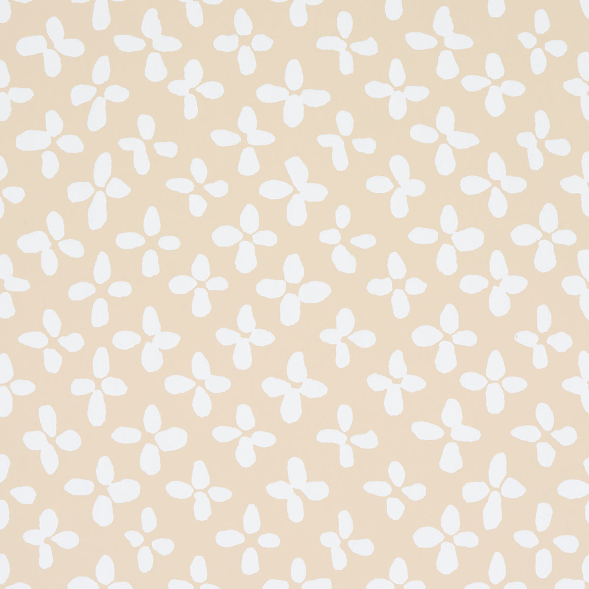 Ivory four-petaled floral motifs in a repeating pattern on a beige background.
