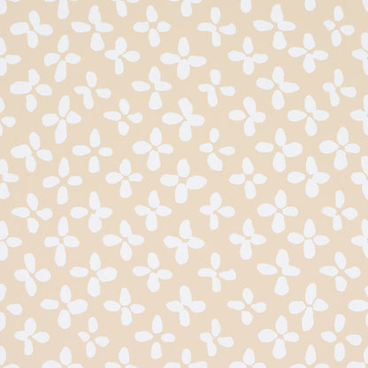 Ivory four-petaled floral motifs in a repeating pattern on a beige background.