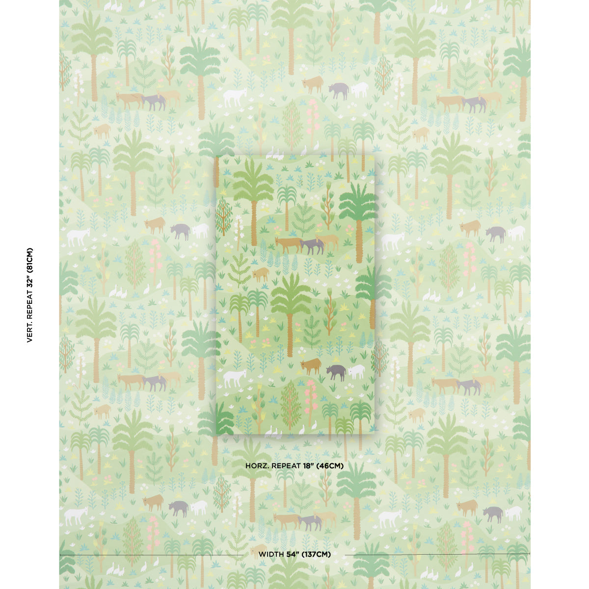 Pastel mint woodland wallpaper with palm trees and small animals; repeating pattern, 18 in. repeat, 54 in. wide.