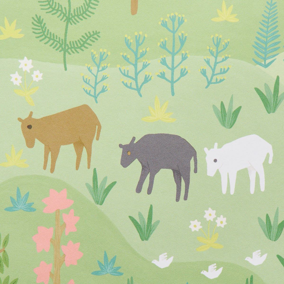 Pastel-green farm landscape print with a brown horse, dark gray animal and white sheep among stylized trees and flowers.